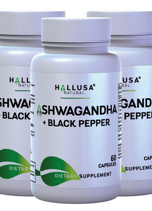 Hallusa Natural Ashwagandha + Black Pepper - Ashwagandha Supplements 1050 mg - Stress Support - Immune Support - Non GMO - 60 Capsules