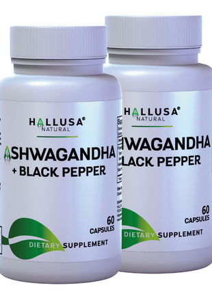 Hallusa Natural Ashwagandha + Black Pepper - Ashwagandha Supplements 1050 mg - Stress Support - Immune Support - Non GMO - 60 Capsules