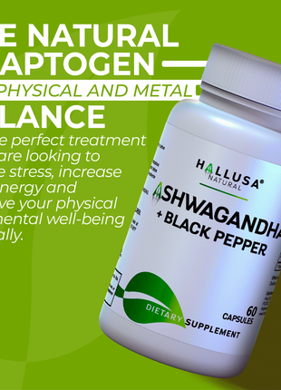 Hallusa Natural Ashwagandha + Black Pepper - Ashwagandha Supplements 1050 mg - Stress Support - Immune Support - Non GMO - 60 Capsules