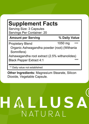 Hallusa Natural Ashwagandha + Black Pepper - Ashwagandha Supplements 1050 mg - Stress Support - Immune Support - Non GMO - 60 Capsules