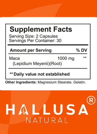 Maca 1000 mg - Maca Root Capsules for Men and Women - Energy Supplements - Maca Supplements - 60 Capsules - Non GMO - Gluten Free - Hallusa Natural