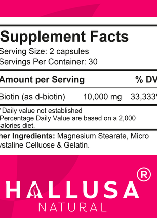 HallBiotin - Biotin 10000mcg - Hair Skin and Nails Vitamins - Hair Growth Vitamins for Women - 60 Capsules - Hallusa Natural