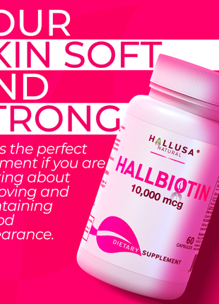 HallBiotin - Biotin 10000mcg - Hair Skin and Nails Vitamins - Hair Growth Vitamins for Women - 60 Capsules - Hallusa Natural