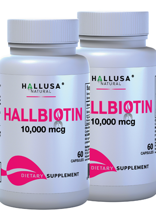 HallBiotin - Biotin 10000mcg - Hair Skin and Nails Vitamins - Hair Growth Vitamins for Women - 60 Capsules - Hallusa Natural