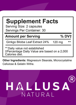 HallGink Biloba - Ginkgo Biloba 120mg - Brain Supplements for Memory and Focus - Memory & Brain Supports Supplement - 60 Capsules - Hallusa Natural