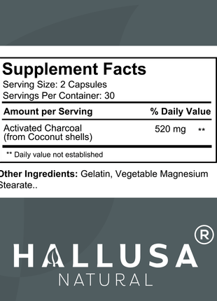 Activated Charcoal - 520 mg Highly Absorbent - Gas & Bloating - Detox  Supplement  - Derived from Coconut Shells - Hallusa Natural - 60 Capsules