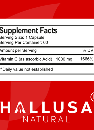 Vitamin C 1000mg, 60 Capsules - High Absorption - Immune Support Supplement - Antioxidants Supplement - Non GMO - Gluten Free - Hallusa Natural