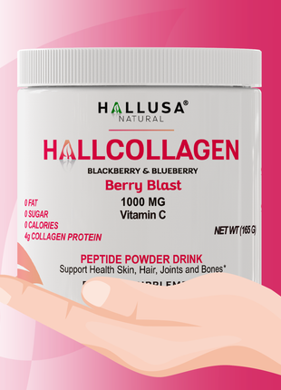 HallCollagen 1000 MG - Collagen Powder with Vitamin C - Hair Skin and Nails Vitamins - Collagen Peptides for Women - Hallusa Natural