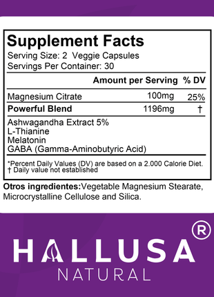 HallSleep Plus - Magnesium Citrate with Ashwagandha Supplements to Support Relaxium Sleep & Focus Supplement - Hallusa Natural - 60 Capsules