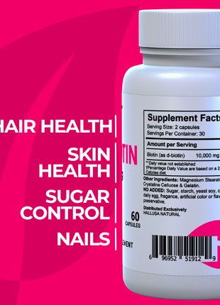 HallBiotin - Biotin 10000mcg - Hair Skin and Nails Vitamins - Hair Growth Vitamins for Women - 60 Capsules - Hallusa Natural