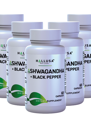 Hallusa Natural Ashwagandha + Black Pepper - Ashwagandha Supplements 1050 mg - Stress Support - Immune Support - Non GMO - 60 Capsules