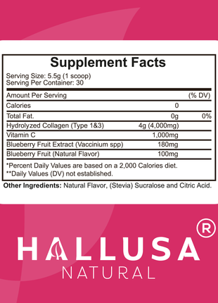 HallCollagen 1000 MG - Collagen Powder with Vitamin C - Hair Skin and Nails Vitamins - Collagen Peptides for Women - Hallusa Natural