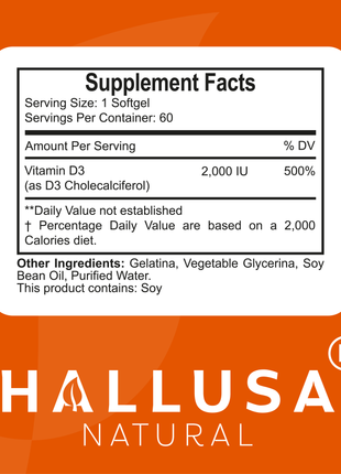 Vitamin D3 2000 IU - Extra Strength - Supplement for Bone, Teeth & Muscle - Immune Support Supplement -  Non GMO - 60 Soft - Hallusa Natural