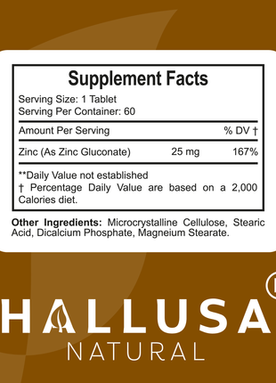 Zinc  25mg Gluconate - Zinc Supplements for Women - Zinc Supplements for Men - Antioxidant - Immune Support Supplement - 60 Tab - Hallusa Natural