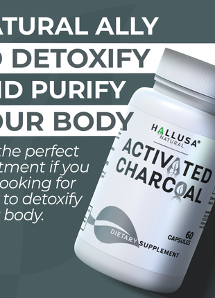 Activated Charcoal - 520 mg Highly Absorbent - Gas & Bloating - Detox  Supplement  - Derived from Coconut Shells - Hallusa Natural - 60 Capsules