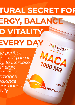 Maca 1000 mg - Maca Root Capsules for Men and Women - Energy Supplements - Maca Supplements - 60 Capsules - Non GMO - Gluten Free - Hallusa Natural