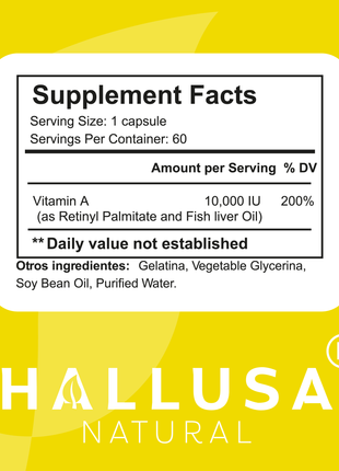 HallVita - Vitamin A 10,000 iu - Immune & Vision Support - Vitamin A Supplement - Non-GMO - Gluten Free - 60 Capsules - Hallusa Natural