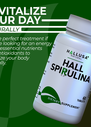 HallSpirulina - Spirulina 1000 mg - Vitamin A, Vitamin B12, with Magnesium - Immune Support - Anti Inflammatory - 60 Tablets - Hallusa Natural