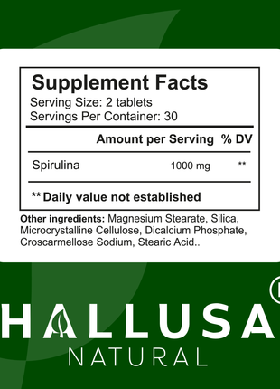 HallSpirulina - Spirulina 1000 mg - Vitamin A, Vitamin B12, with Magnesium - Immune Support - Anti Inflammatory - 60 Tablets - Hallusa Natural