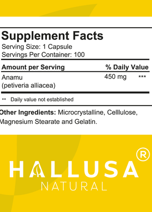 Anamu Root  450 mg - Anamu Capsules Organic - Supplement Anamu Root Herb - Immune System & Energy - Petiveria Allicea - 100 Capsules Hallusa Natural