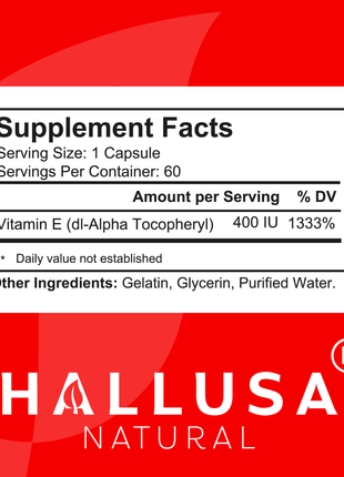 HallVite - Vitamin E - Immune Support Supplement - Skin Vitamins for Women - Natural Antioxidant - Non GMO - Gluten Free - 60 Cap - Hallusa Natural