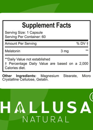 Melatonin - Melatonin 3mg -  Sleep Supplement  - Calm Sleep - Focus Supplement - Relaxium Sleep - Non-Habit Forming,60 Capsules - Hallusa Natural