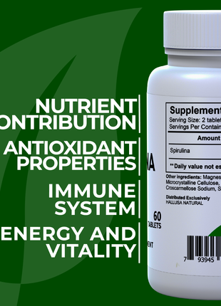 HallSpirulina - Spirulina 1000 mg - Vitamin A, Vitamin B12, with Magnesium - Immune Support - Anti Inflammatory - 60 Tablets - Hallusa Natural