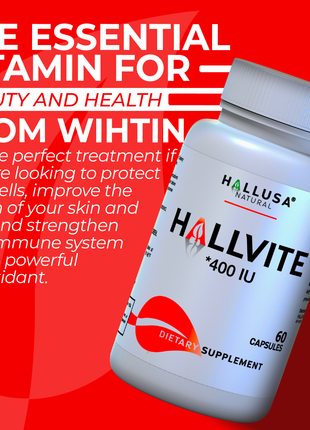 HallVite - Vitamin E - Immune Support Supplement - Skin Vitamins for Women - Natural Antioxidant - Non GMO - Gluten Free - 60 Cap - Hallusa Natural