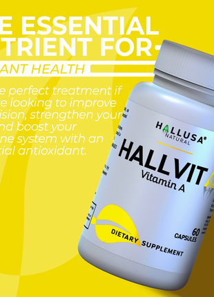 HallVita - Vitamin A 10,000 iu - Immune & Vision Support - Vitamin A Supplement - Non-GMO - Gluten Free - 60 Capsules - Hallusa Natural