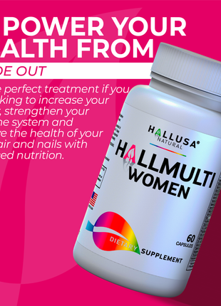 HallMulti Women - Multivitamin for Women with Multiminerals Vitamin E, Vitamin A, Vitamin C, Folic Acid , Zinc, Magnesium - Energy, Focus - 60 cap