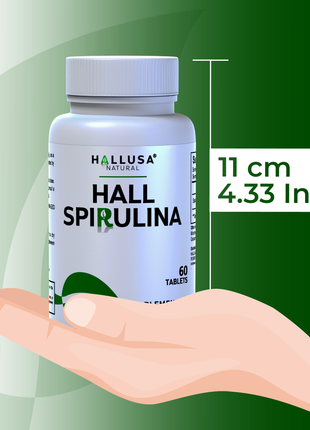 HallSpirulina - Spirulina 1000 mg - Vitamin A, Vitamin B12, with Magnesium - Immune Support - Anti Inflammatory - 60 Tablets - Hallusa Natural