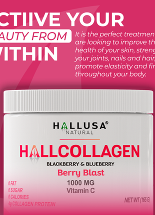 HallCollagen 1000 MG - Collagen Powder with Vitamin C - Hair Skin and Nails Vitamins - Collagen Peptides for Women - Hallusa Natural