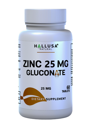 Zinc  25mg Gluconate - Zinc Supplements for Women - Zinc Supplements for Men - Antioxidant - Immune Support Supplement - 60 Tab - Hallusa Natural