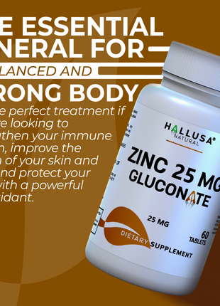 Zinc  25mg Gluconate - Zinc Supplements for Women - Zinc Supplements for Men - Antioxidant - Immune Support Supplement - 60 Tab - Hallusa Natural